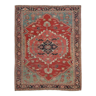 Antique Persian Serapi Rug in Red & Blue Geometric Medallion - Rug & Kilim For Sale