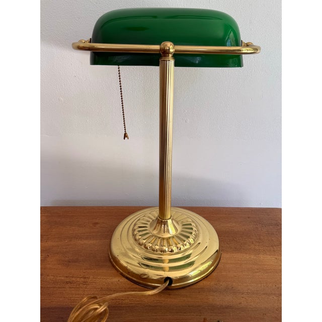 Vintage Brass Emeraldite Glass Shade Bankers Lamp For Sale - Image 4 of 9