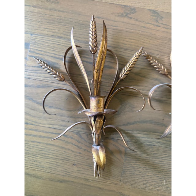 Mid 19th Century Vintage Italian Gilt Iron Wheat Sheaf Candle Wall Sconces - a Pair For Sale - Image 5 of 5