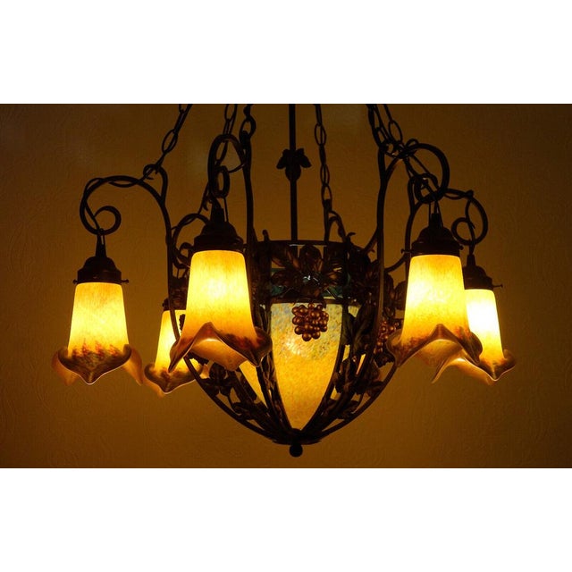 Art Deco Wrought Iron Pate de Verre Glass Chandelier, France, 1990s For Sale - Image 15 of 18