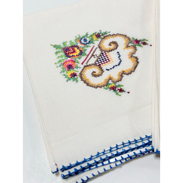 French Country Vintage Hand Embroidered Floral Cotton Dinner Napkins – Blue Stitch Trim, Cottage Style (Set of 10) For Sale - Image 3 of 12