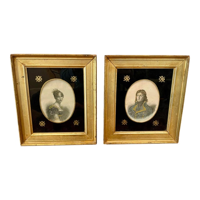 Antique Pair of Hand-Colored Napoleonic Era Portrait Engravings – Hortense De Beauharnais & Louis Desaix With Verre Églomisé Mats, Early 19th Century For Sale