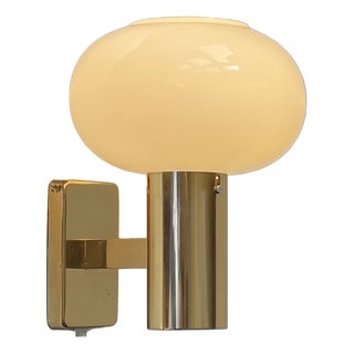 Vintage Scandinavian Brass Wall Lamp with Opaline Glass Mushroom Shade, 1960s For Sale