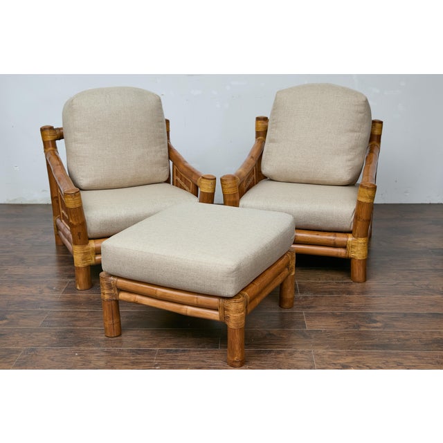 Mid 20th Century Midcentury Bamboo Lounge Chairs with Ottoman, Rattan Accents, and Linen Fabric For Sale - Image 5 of 12