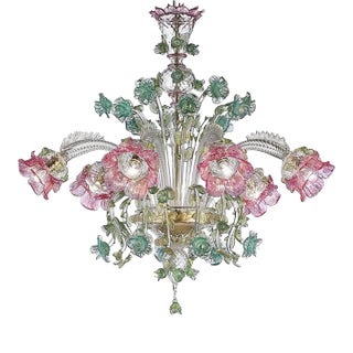 Ornate Venetian Pink and Green Floreal Murano Glass Chandelier For Sale