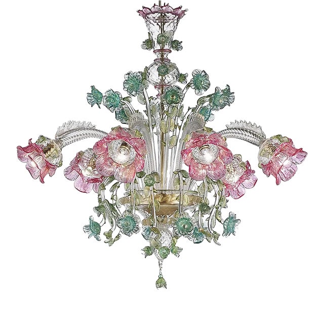 Ornate Venetian Pink and Green Floreal Murano Glass Chandelier For Sale