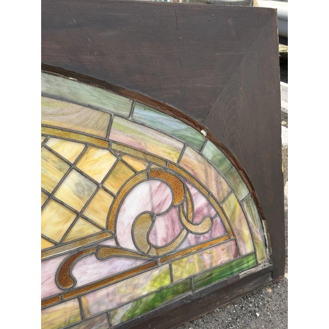 Antique Art Nouveau Colored Stained Glass Fruit 27 X 75 Arched Transom Window, A For Sale - Image 14 of 18