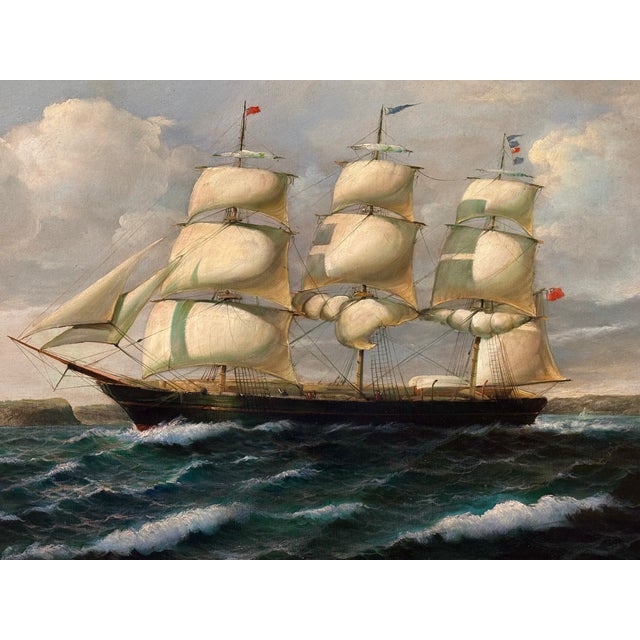 Nautical Antique Original Large Oil Painting (Unsigned) of a 3-Masted Clipper Ship - Framed For Sale - Image 3 of 14