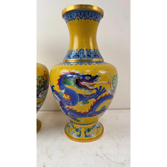 Pair Chinese Cloisonne Yelow background Dragon Vases 15" inches