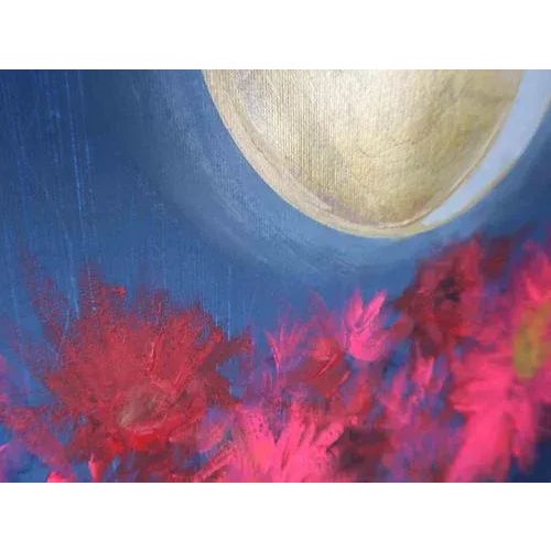 This evocative acrylic painting by Anna Maria Caboni presents a dreamlike nocturnal landscape defined by atmosphere,...