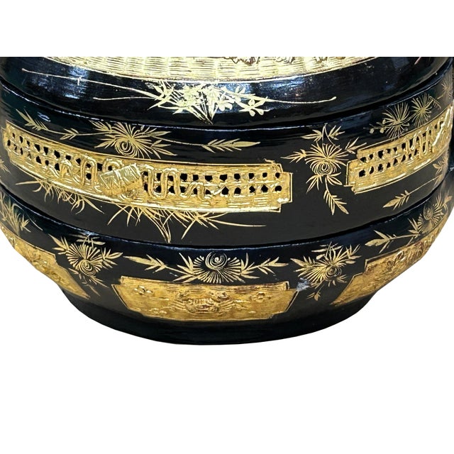 Vintage Oriental Black Golden Graphic Stack Wedding Basket Display For Sale - Image 16 of 17