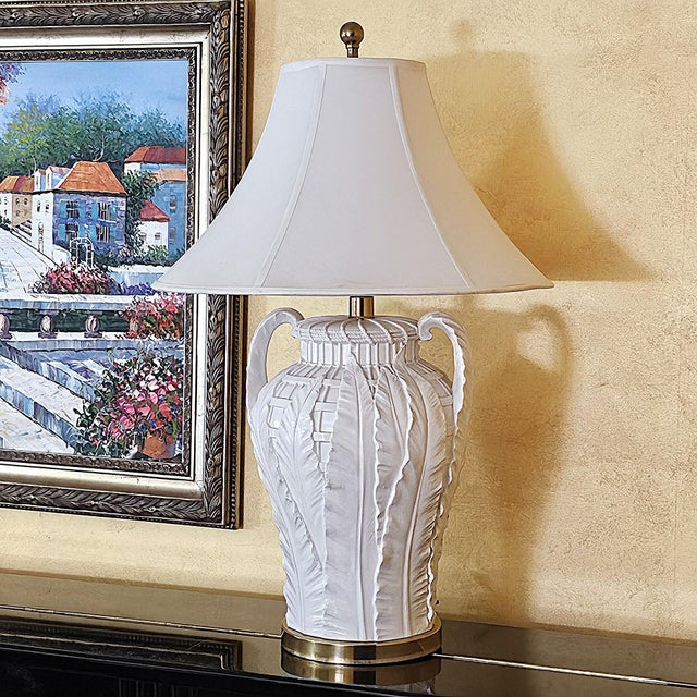 Vintage Paul Hanson Style White Ceramic Urn Table Lamp With Raised Botanical Relief Design For Sale - Image 16 of 18