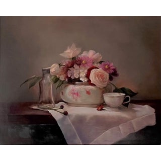 Silver Rimmed Bowl by Marsha Whitesides Piper | Oil on Panel Still life with flowers and a bowl For Sale