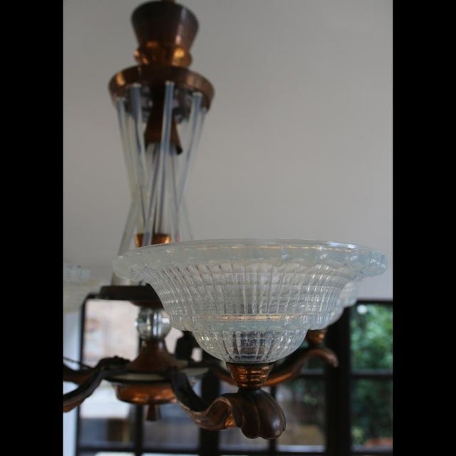 French Art Deco Chandelier in Opalescent Glass and Copper by Ezan-Petitot, 1930s For Sale - Image 11 of 18