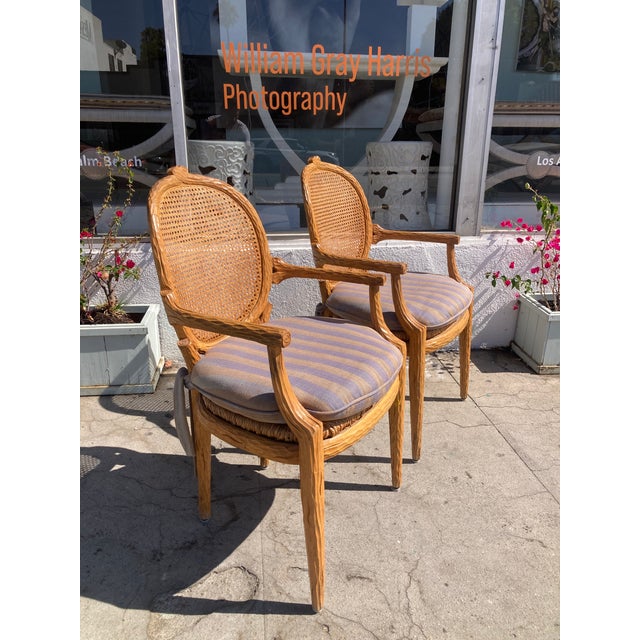 French Faux Bois Arm Dining Chairs With Cain Backs and Rush Seats- A Pair For Sale - Image 3 of 9