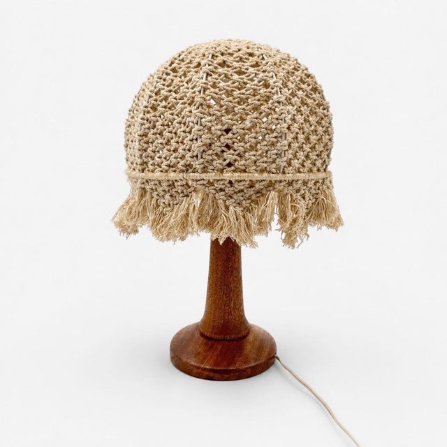 Beige Bohemian Table Lamp in Turned Wood and Macrame, 1970 For Sale - Image 8 of 8