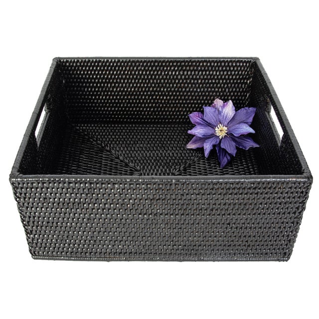 Boho Chic Artifacts Rattan Rectangular Basket with Cutout Handles in Tudor Black - 14" For Sale - Image 3 of 10