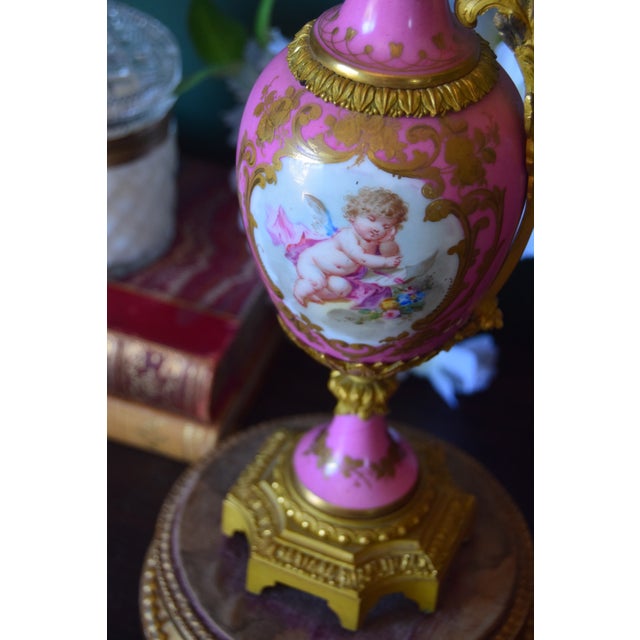 Antique Sèvres-Style Pink Porcelain & Gilt Bronze Mounted Ewer on Plinth For Sale - Image 4 of 6