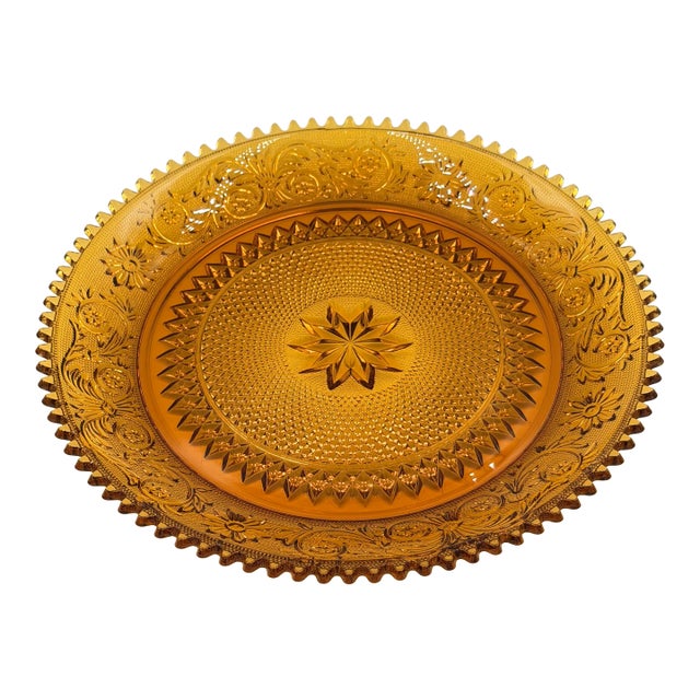 1960s Indiana Sandwich Glass Tiara Amber Large Serving Platter Sawtooth Rim 12" For Sale