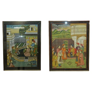 Antique Persian Hand-Painted Oriental Scenes on Silk in Frame, Set of 2 For Sale