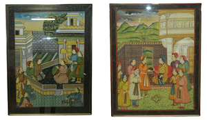 Antique Persian Hand-Painted Oriental Scenes on Silk in Frame, Set of 2