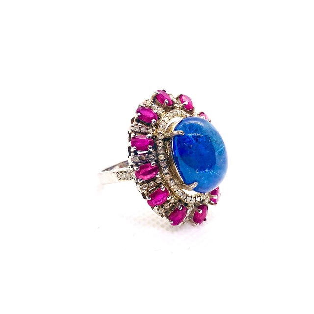 Blue Bochic "Capri" Vintage Ruby, Tanzanite & Diamond Ring Set In 18K Gold & Silver For Sale - Image 8 of 18