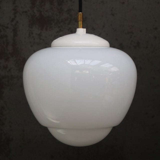 Vintage Industrial White Opaline Glass Pendant Light For Sale - Image 4 of 8