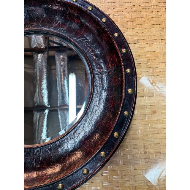 Late 20th Century Round Distressed Leather-Like Covered Mirror Brass Nailheads For Sale - Image 11 of 11