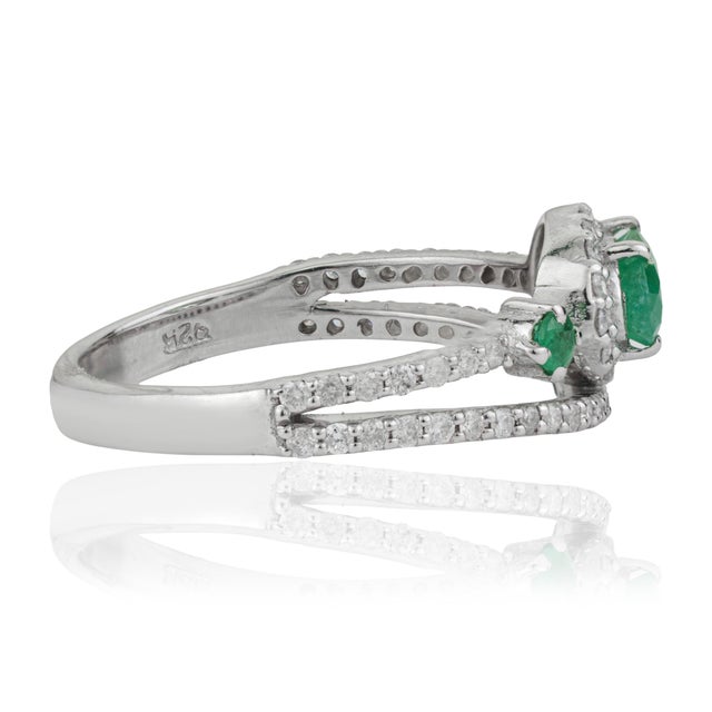 Not Yet Made - Made To Order Mid 20th Century Style Sterling Silver Emerald & Diamond Halo Bypass Ring Size 7.5 For Sale - Image 5 of 12