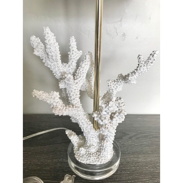 White Faux Coral Lamp With Navy Blue Shade | Chairish