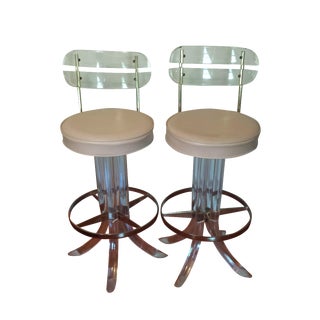 Swivel Lucite and Brass Bar Stools - A Pair For Sale