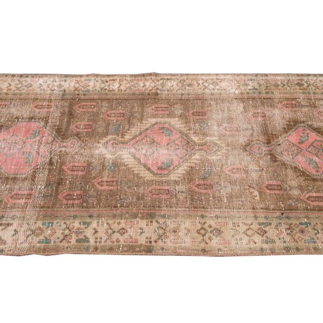 Textile 1960s Vintage Azeri Runner Handmade Tan Tribal Wool Runner For Sale - Image 7 of 8