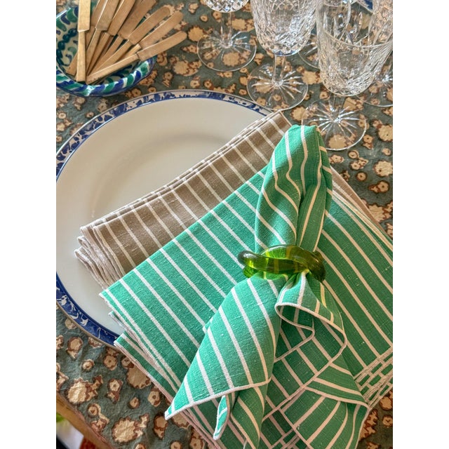Mid-Century Modern Vintage Striped Linen Cotton Blend Cloth Napkins, Set of 6, Emerald Green and White For Sale - Image 3 of 5