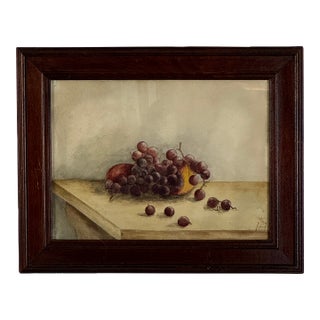Framed Vintage Original Watercolor Still Life Painting of Grape Cluster & Figs on Table For Sale
