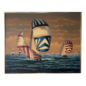 Large - 1970’s Vintage Seascape - Sailboats at Sea Oil on Canvas Painting by Andrew