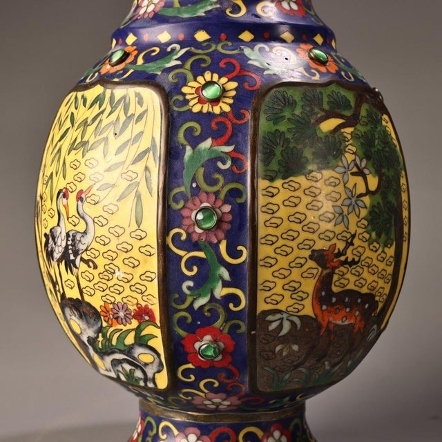 Pair of Large Vintage Cloisonné Enamel Panel Vases With Handles | Chairish