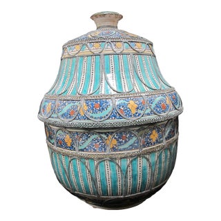 Moroccan Hand Painted Large Decorative Silver Overlay Porcelain Lidded Urn Bowl For Sale