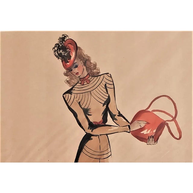 FABULOUS! RARE! UNUSUALLY LARGE! Original Mid-Century French fashion design drawing for sport couture done in gouache....