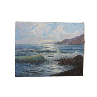 Vintage v Blanch Costa Brava Spanish Coastal Seascape Oil Painting 37" For Sale