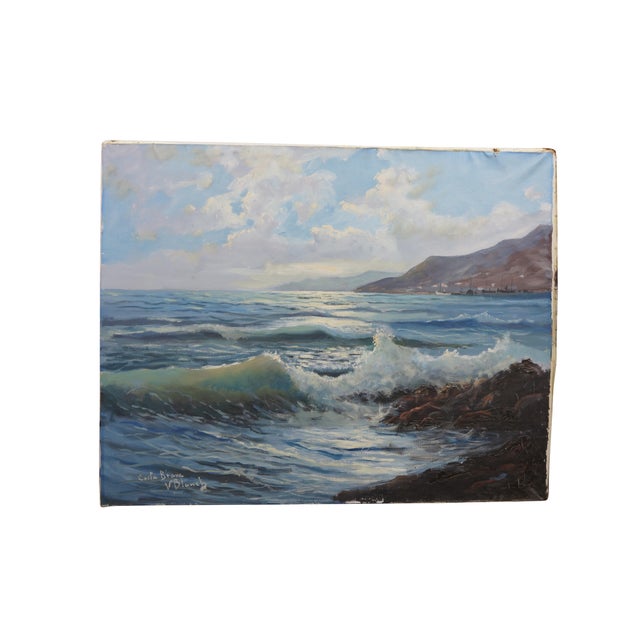 Vintage v Blanch Costa Brava Spanish Coastal Seascape Oil Painting 37" For Sale