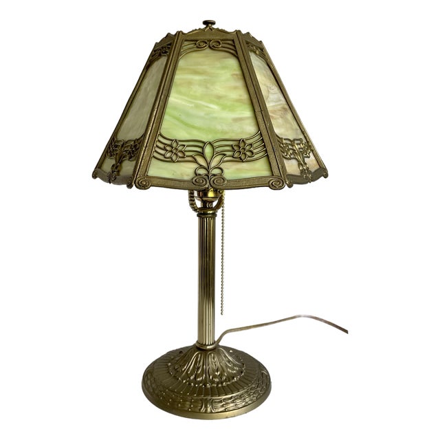 Antique Edward Miller E. M. Co. Green & Custard Slag Glass Table Lamp For Sale