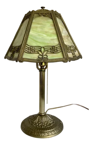 Antique Edward Miller E. M. Co. Green & Custard Slag Glass Table Lamp