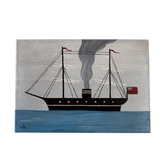 Matt Rix, Naive Style Early Steam Ship Sail Boat, Oil on Board For Sale