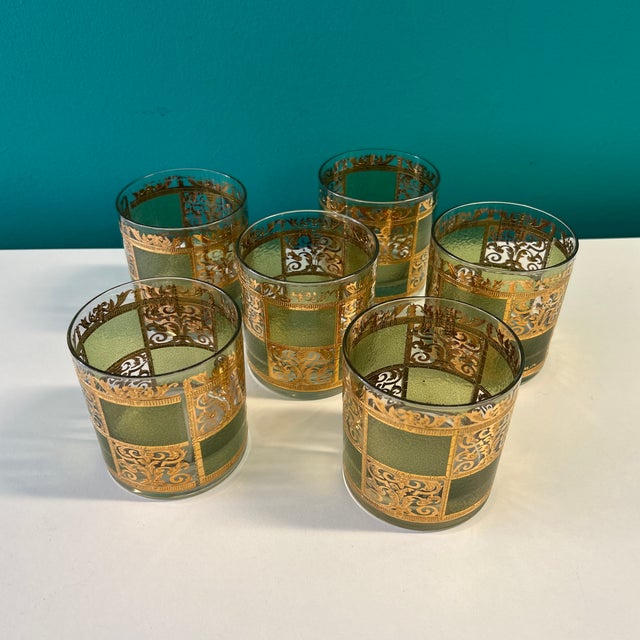 Metal 1960s Culver LTD Green and Applied Gold Lowball Cocktail Rocks Glasses - Set of 6 Signed For Sale - Image 7 of 7
