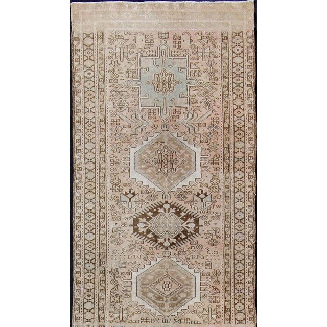 Measures: 3'10 x 14'1. Vintage Persian Karajeh Runner with Geometric Medallion Design in Soft Neutral. Keivan Woven Arts /...