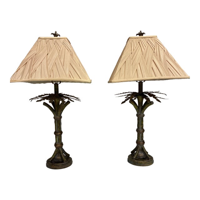 1990s Hollywood Regency Style Palm Bamboo Lamps With Shades - a Pair For Sale