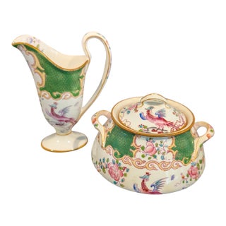 Early 20th Century Minton Cockatrice Green Sugar Bowl With Lid & Creamer – Birks Backstamp – English Bone China For Sale