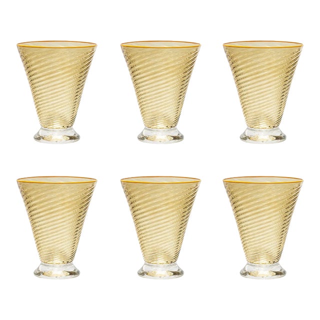 Modern Celerie Kemble Glassware for Chairish Footed Twist Glasses in Olive with Yolk Yellow Rim - Set of 6 For Sale - Image 3 of 5