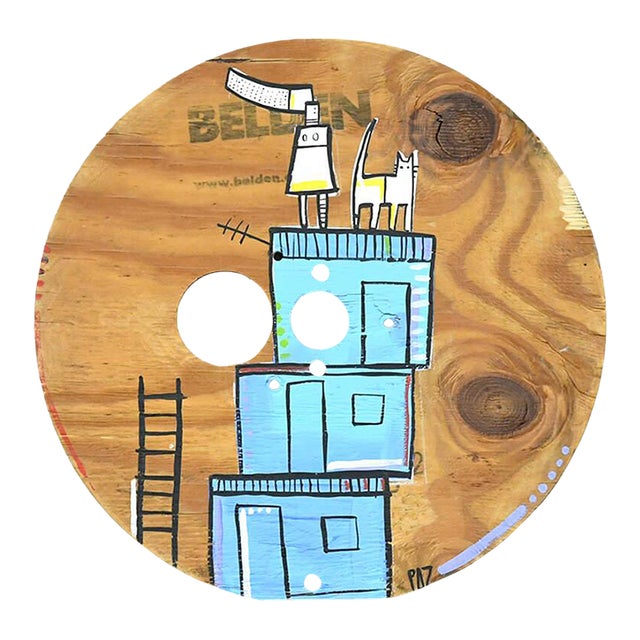 Late 20th Century Manuel Paz Untitled Acrylic on Reclaimed Wood, Lady and Her Cat For Sale