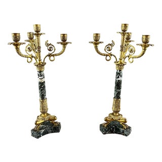 19th Century Candelabras in Gilt Bronze and Green Marble, Set of 2 For Sale
